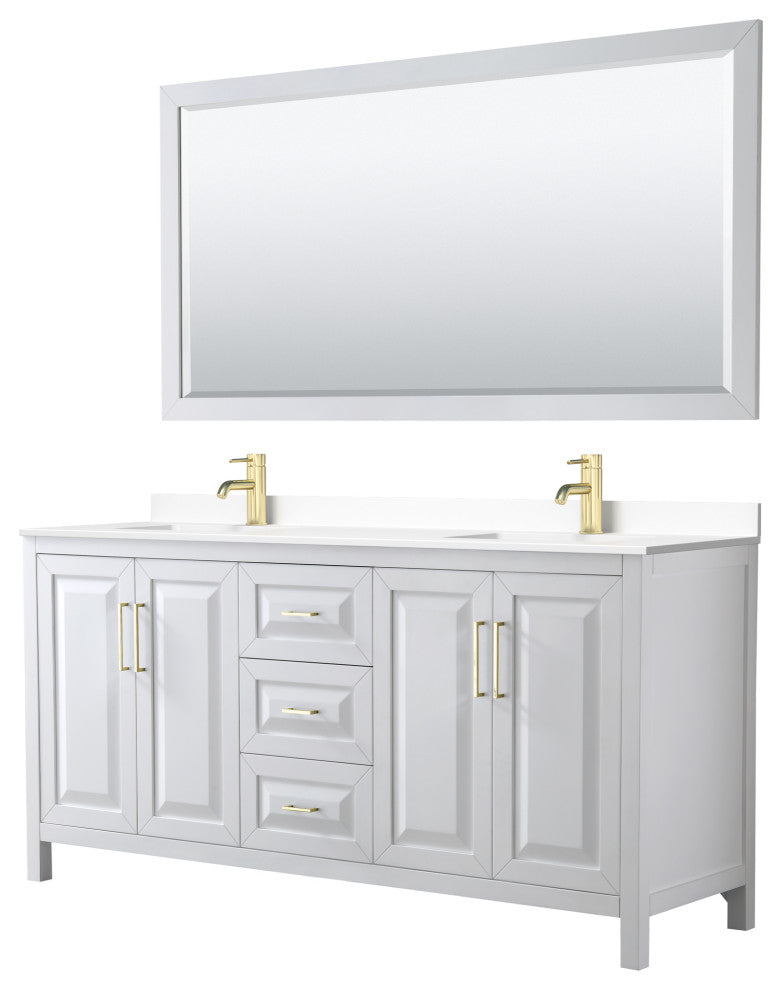 72"DBL Vanity White, White Cult. Marble Countertop, Sinks, 70"Mirror, Gold Trim