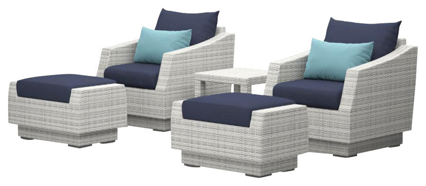 Cannes 5 Piece Sunbrella Outdoor Patio Club Chair and Ottoman Set, Blue