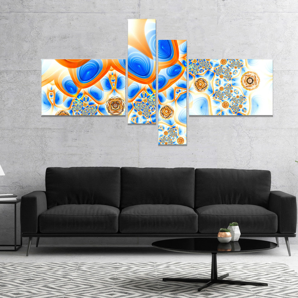Yellow Blue Exotic Pattern, Abstract Wall Art Canvas, 60"x32", 4 panels