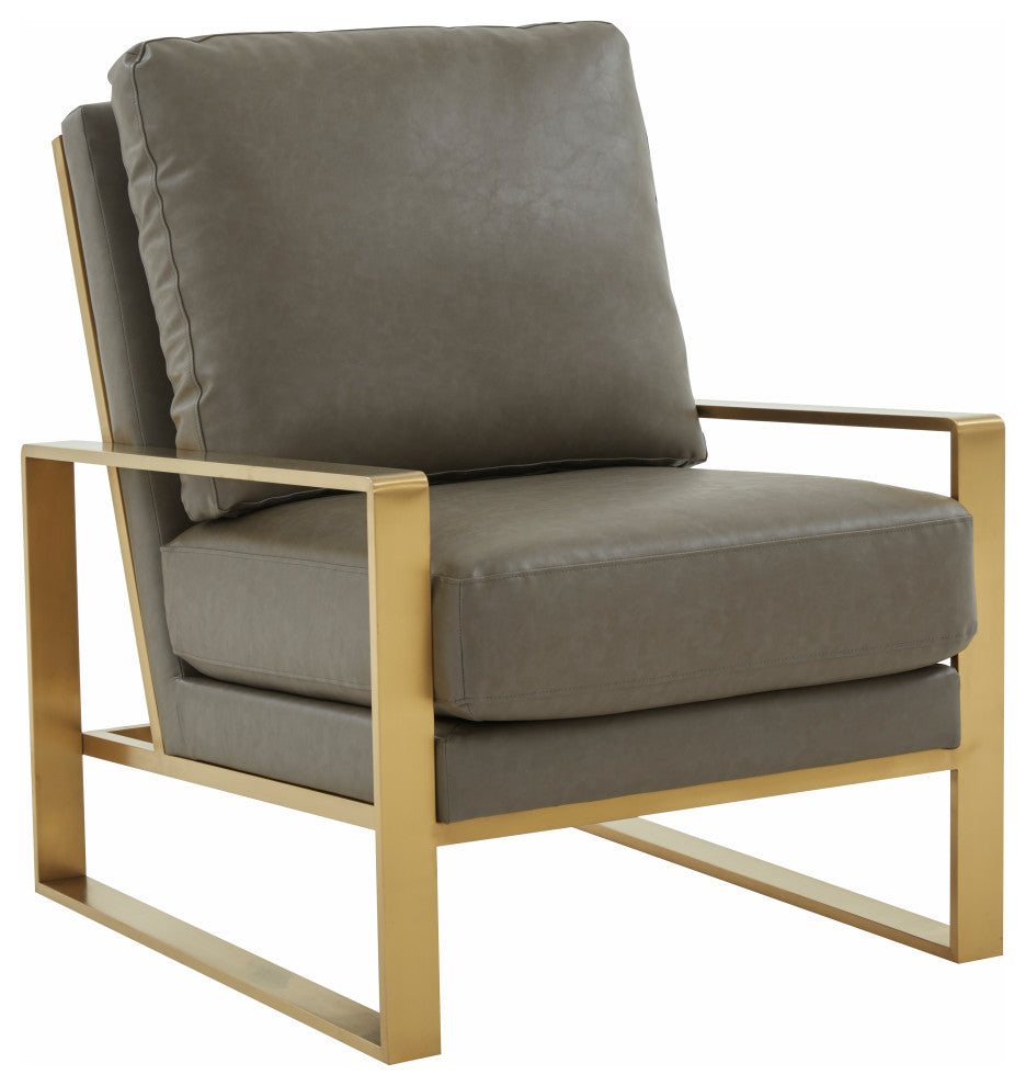 LeisureMod Jefferson Faux Leather Accent Armchair With Gold Frame, Grey