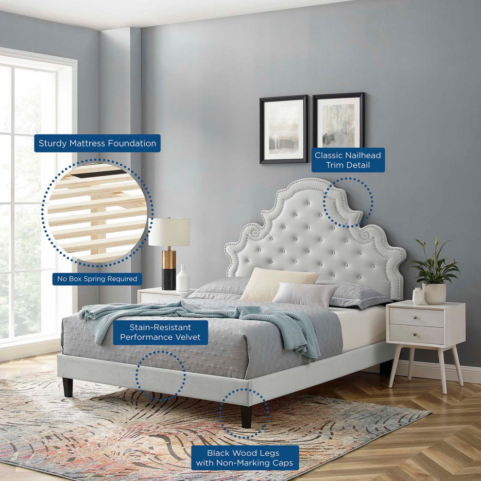 Tufted Platform Bed Frame, Twin Size, Velvet, Gray, Modern Contemporary