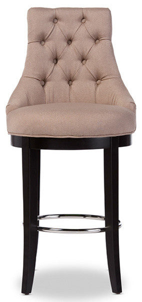 Harmony Button-Tufted Beige Fabric Upholstered Bar Stool With Metal Footrest