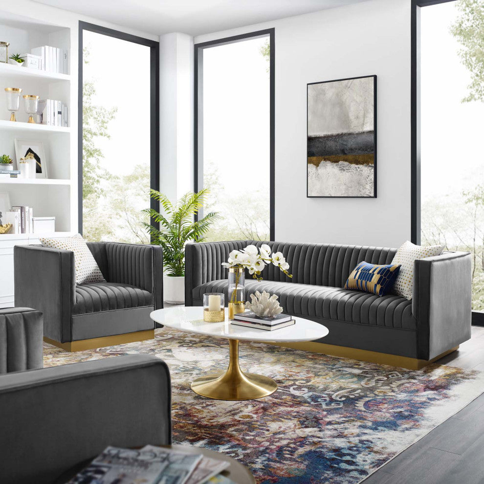 Tufted Armchair and Sofa Set, Velvet, Gray, Modern, Lounge Hospitality