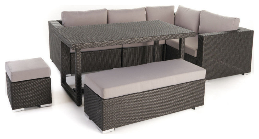 GDF Studio Santa Maria Outdoor Dining Sofa Set With Aluminum Frame, Gray/Silver
