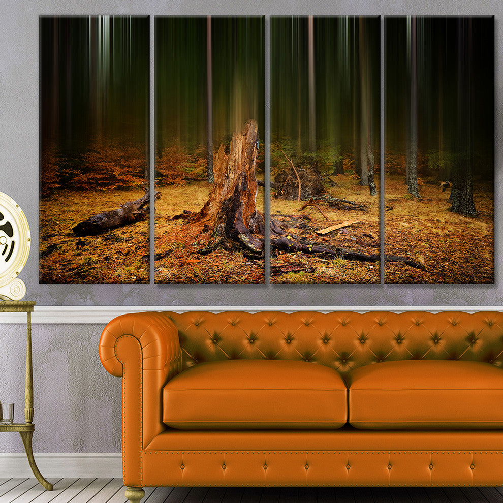 Dark Fall Forest on Foggy Morning, Landscape Canvas Art Print, 48"x28", 4 Panels
