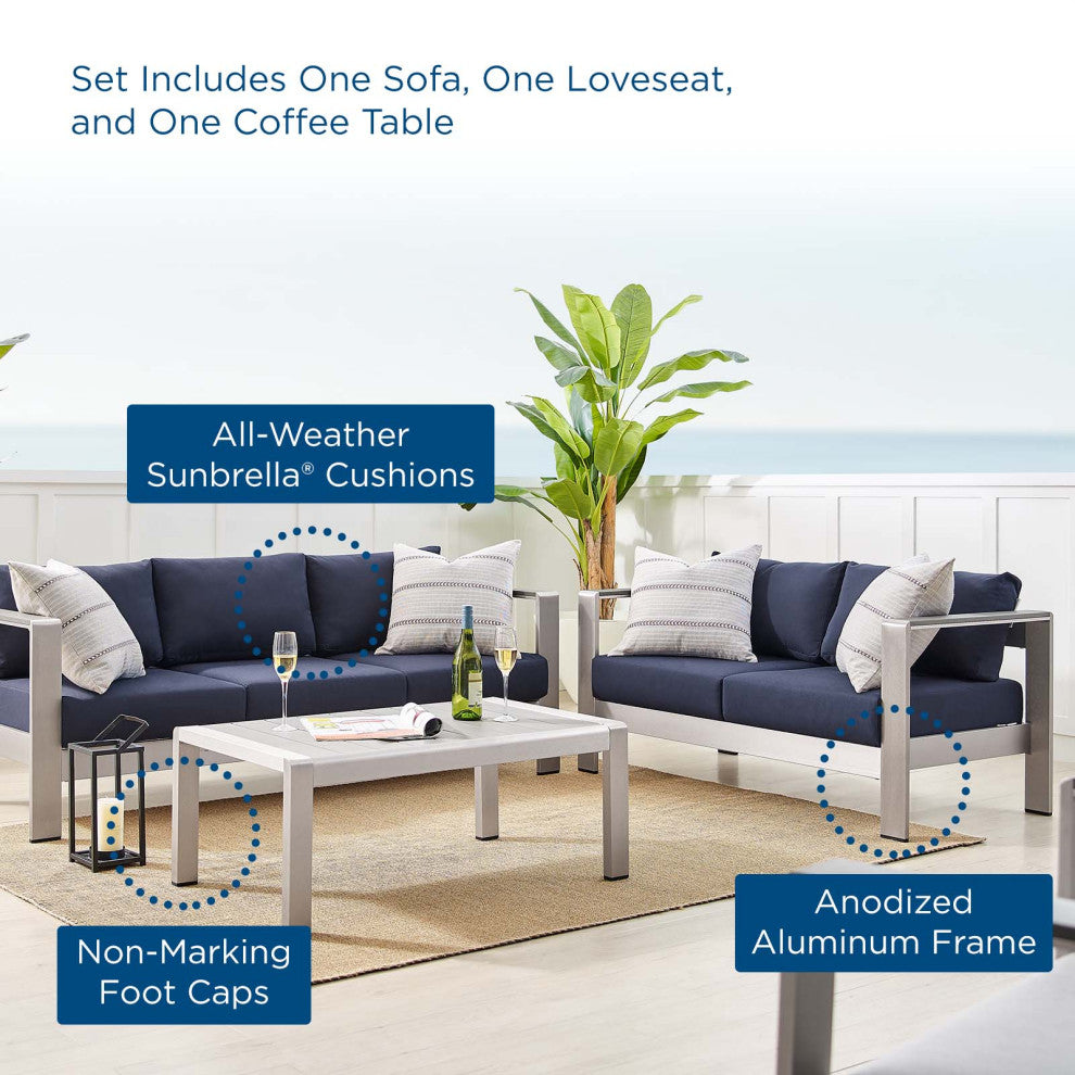 Sectional Sofa Chair Table Set, Sunbrella, Aluminum, Silver Blue Navy, Outdoor