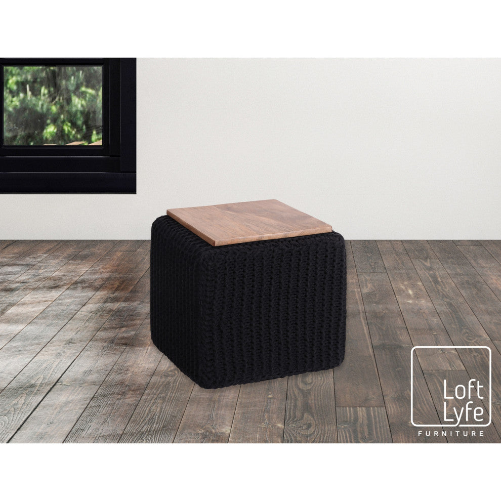 Loft Lyfe Roxy Ottoman, Hand Knitted, Wooden Tray, Cotton Yarn, Black