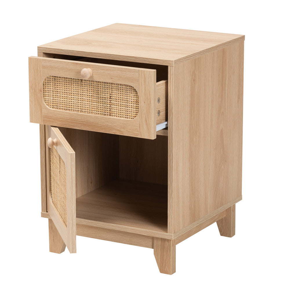 Abelia Modern Bohemian Natural Rattan and Mahogany Wood Short Accent Bench