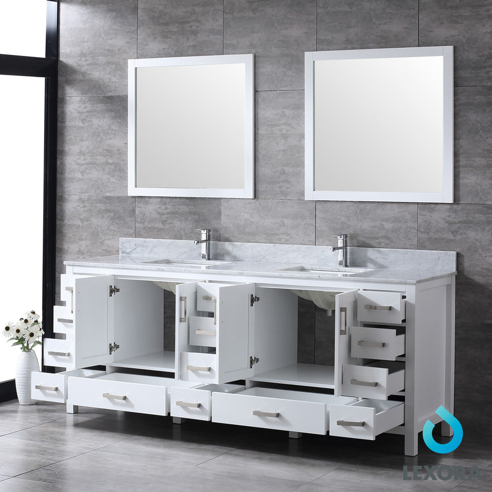 Jacques 84" Double Vanity Cabinet Carrara Marble Top Sinks, 34" Wall Mirrors