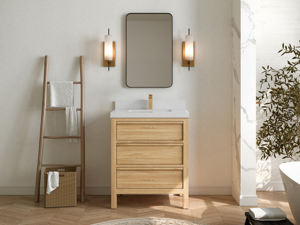 Elizabeth 30 Single Sink Bath Vanity in Light Natural Teak 2" Carrara Quartz