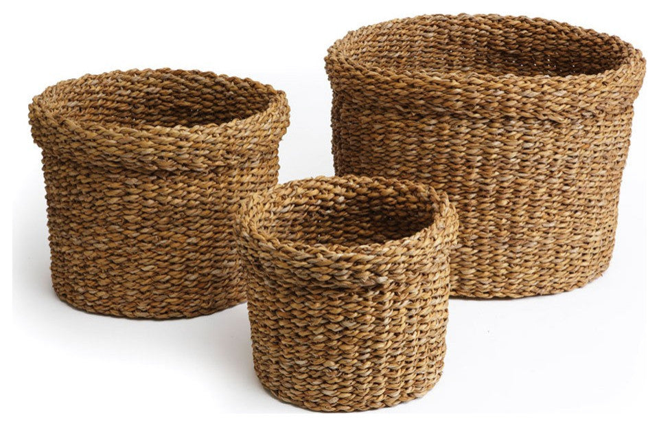 Set of 3 Woven Sea Grass Storage Baskets Round 14 12 10 in Natural Spa Towel