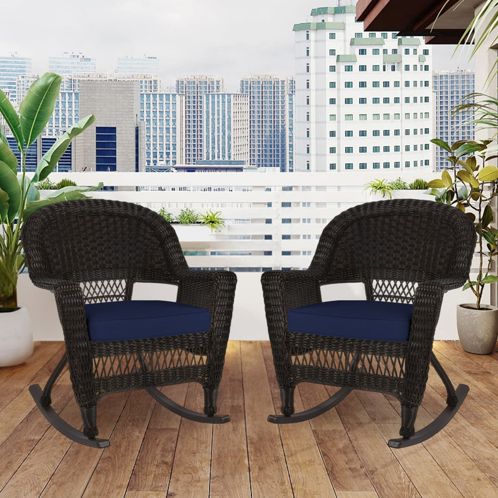 Jeco Rocker Wicker Chair in Espresso with Blue Cushion (Set of 2) Brown