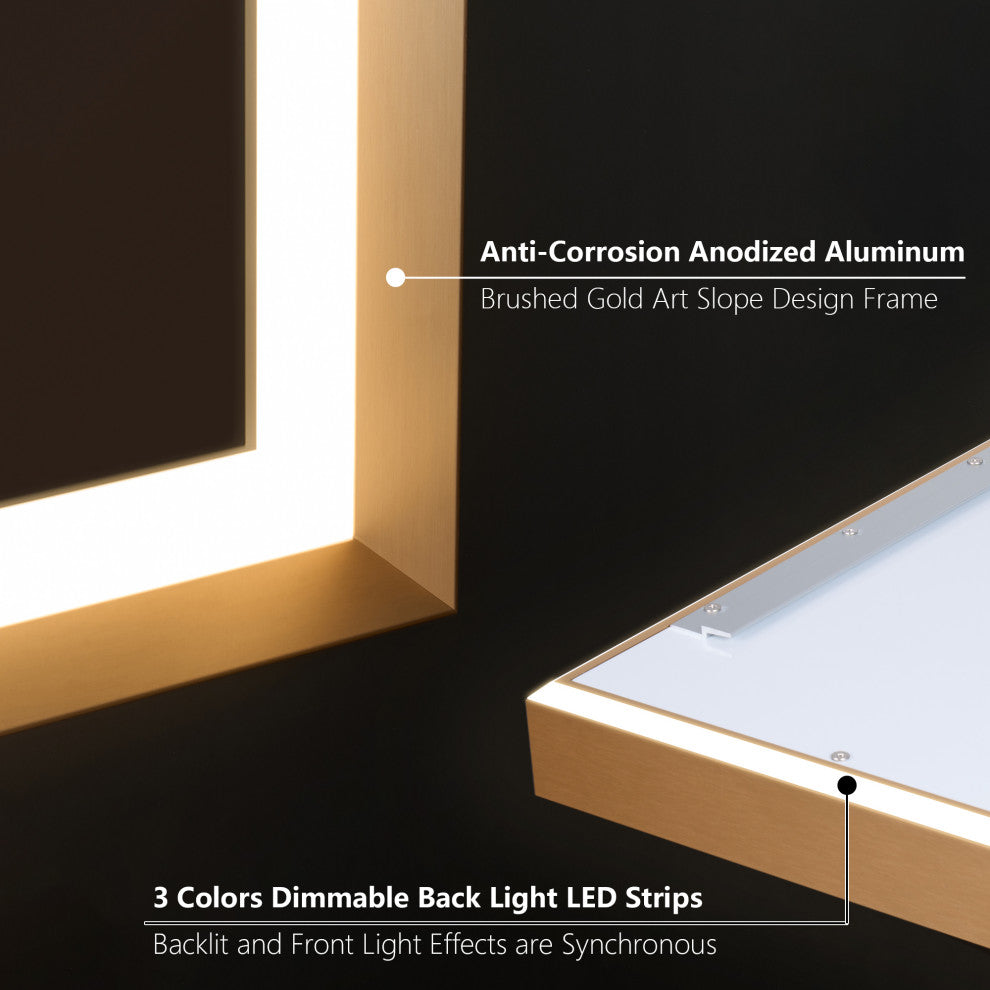 Beveled Bathroom LED Mirror Framed, Backlit and Front Light, Gold, 60"x28"