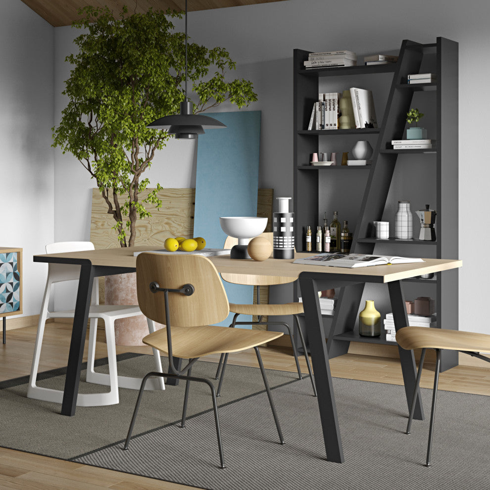 Modern Minimal Wood Top Metal Leg Dining Table, Oak/Black