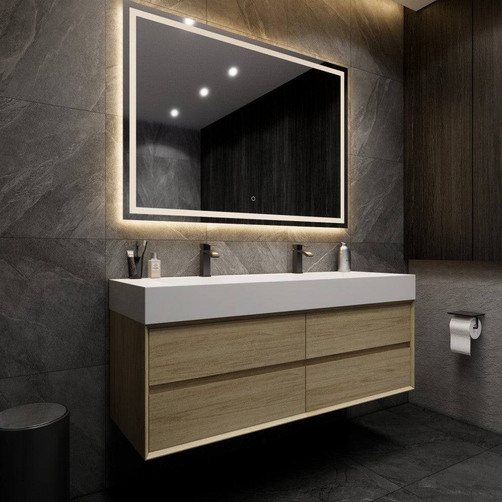 MAX 60" Double Floating Bath Vanity With Acrylic Sink, Coffee Wood