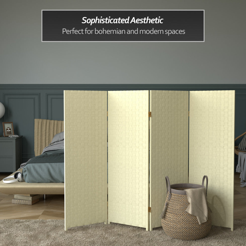 4' Tall Woven Fiber Room Divider, Cream, 4 Panel