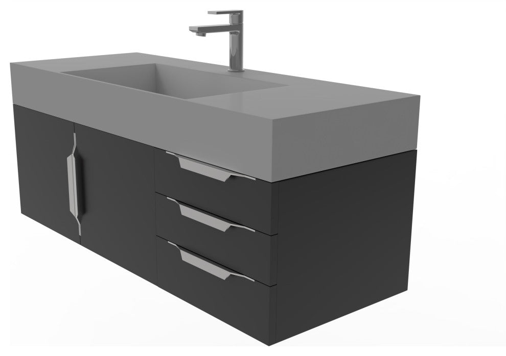 CastelloUSA Amazon 48" Wall Mounted Vanity Set, Black, Gray Top, Chrome Handles