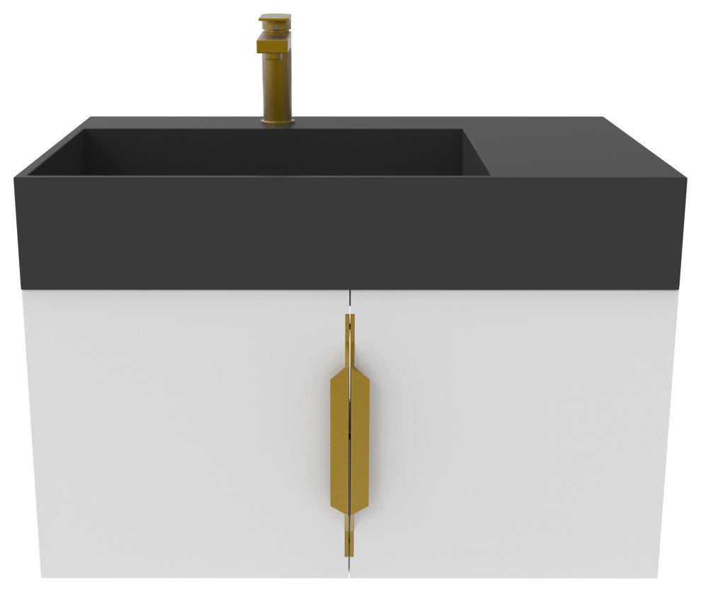 CastelloUSA Amazon 30" Left Wall Mounted Bathroom Vanity Set, White, Black Top, Gold Handles