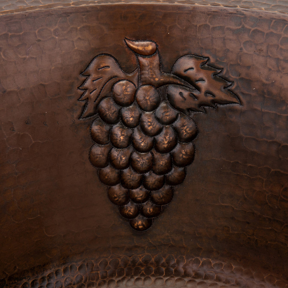 16" Round Copper Prep Sink, Grapes & 3.5" Drain Opening, Drain & Accessories