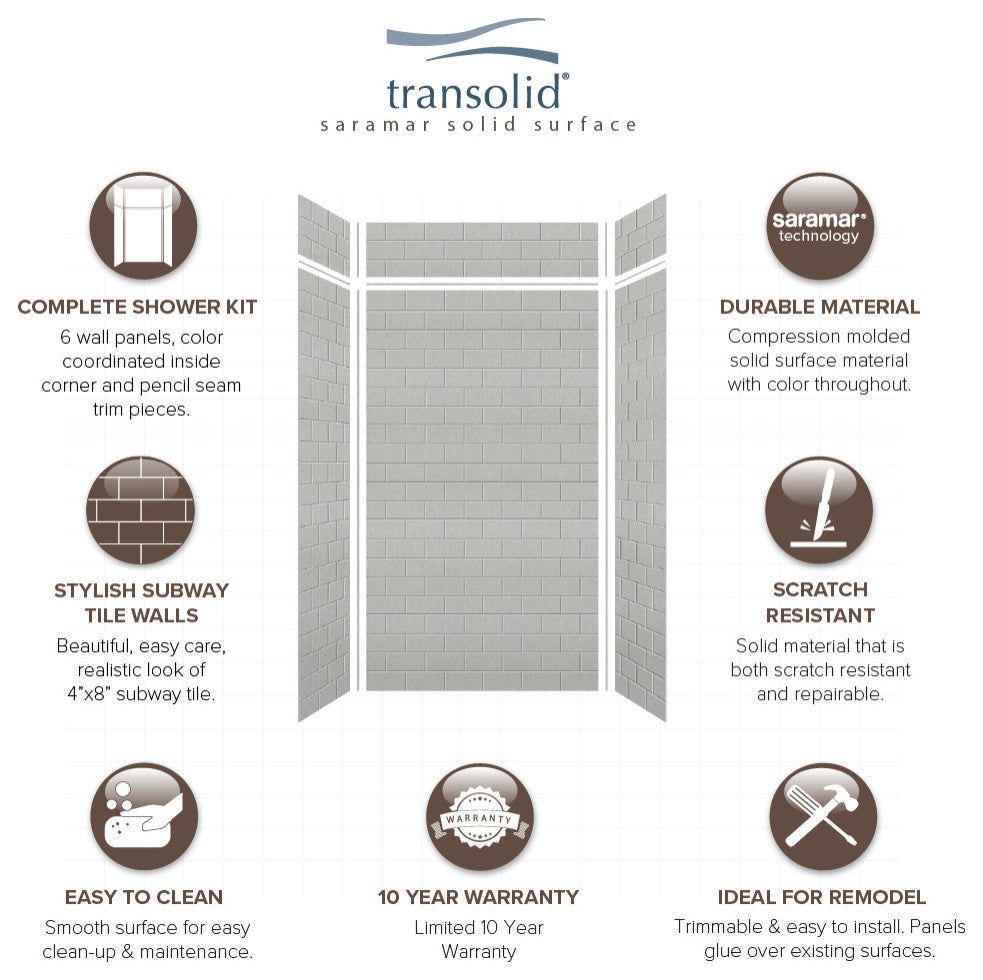 Transolid SaraMar 48"x36"x96" 6-Piece Shower Wall Kit with Extension, Grey Beach