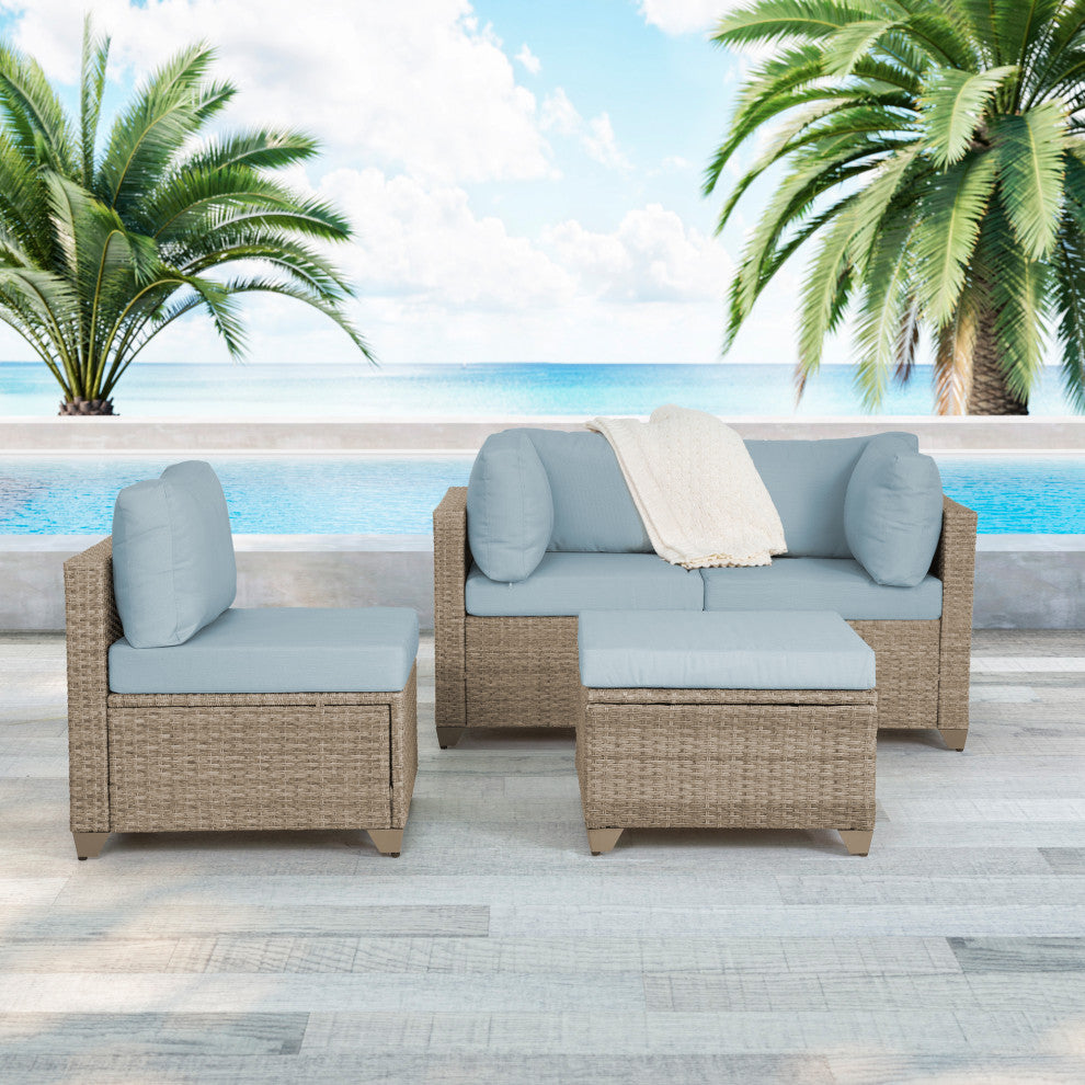 Maui 4-Piece Outdoor Conversation Set, Ottoman, Natural Aged Wicker, Sky Blue