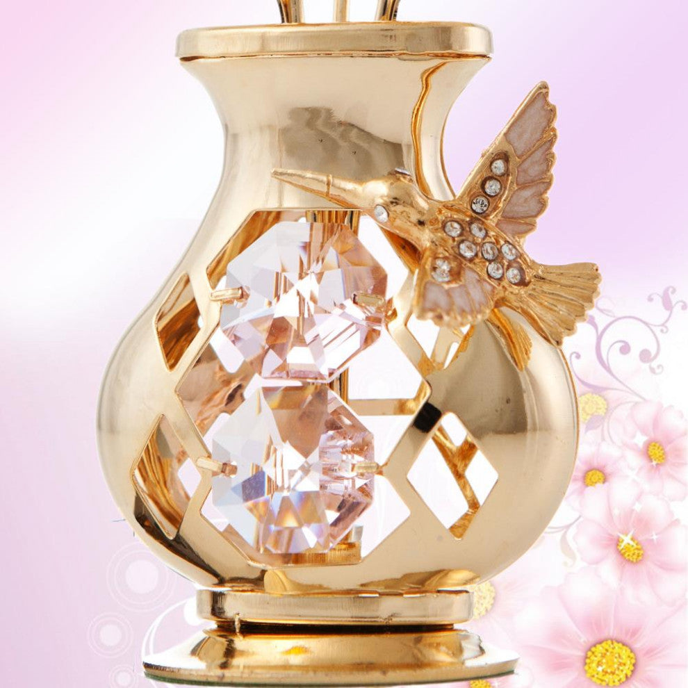 24K Gold Plated Crystal Studded Flower With Hummingbird Ornament, Pink Crystals