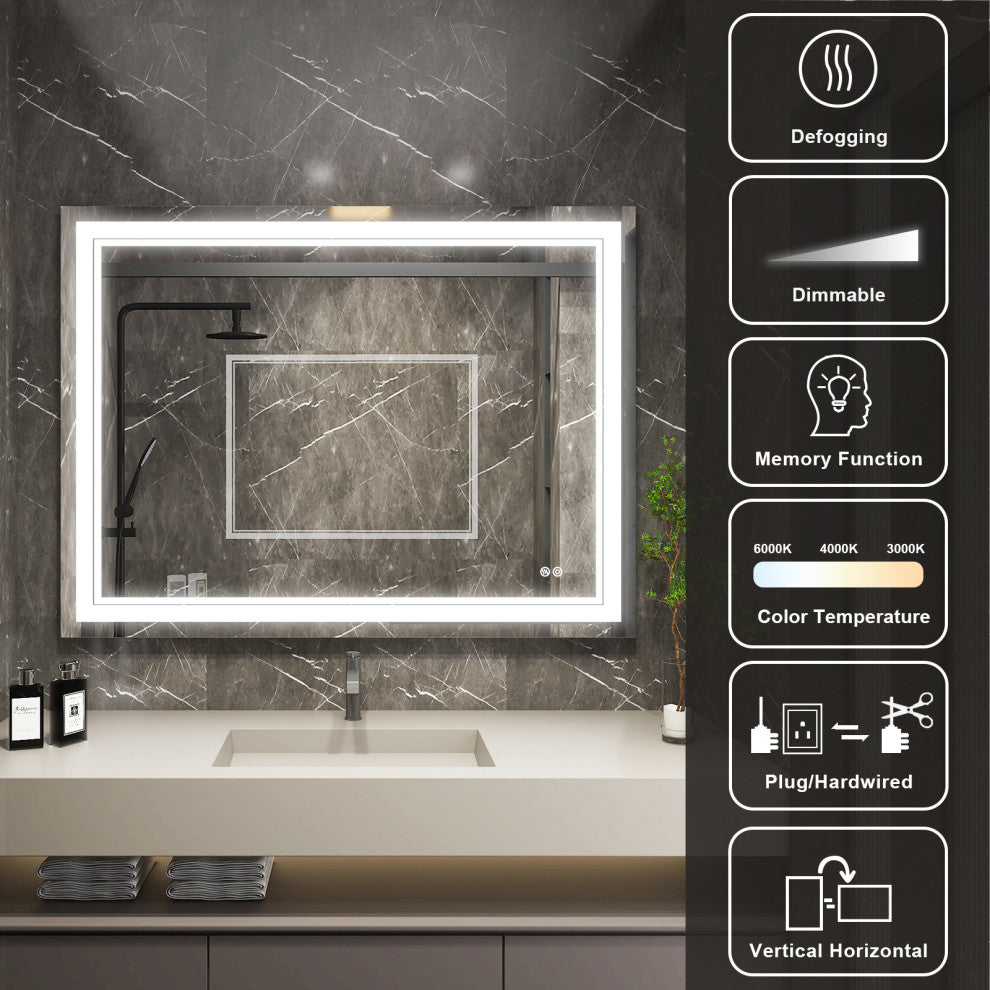 Frameless LED Lighted Bathroom Mirror With Defogger Dimmer, 48"x36"