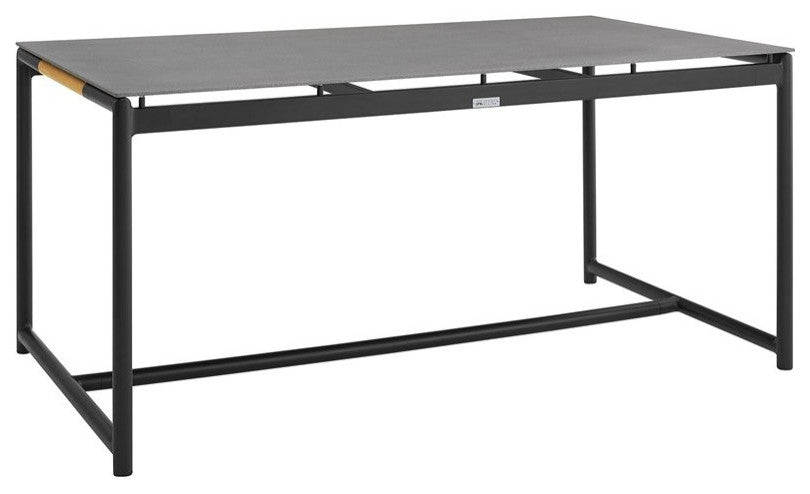 Crown 7-Piece Black Aluminum and Teak Outdoor Dining Set With Dark Gray Fabric