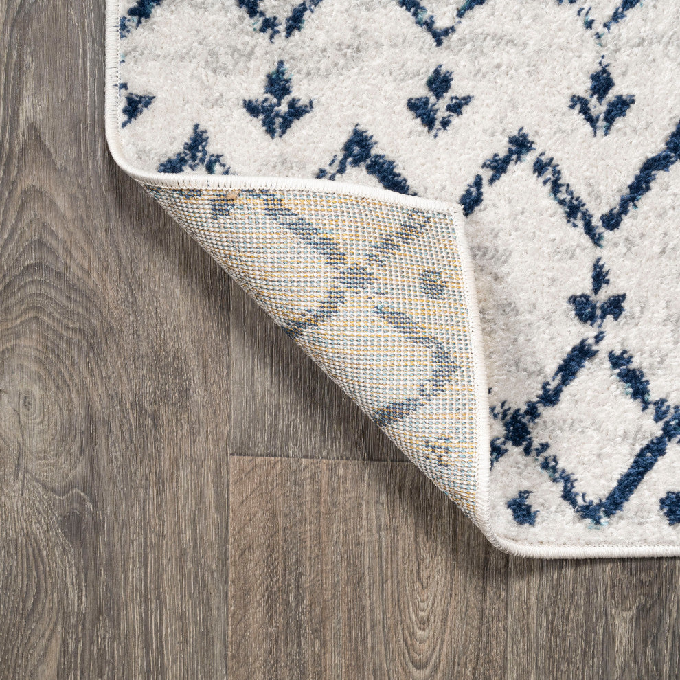 Moroccan HYPE Boho Vintage Diamond Runner Rug, Cream/Navy, 2 X 8