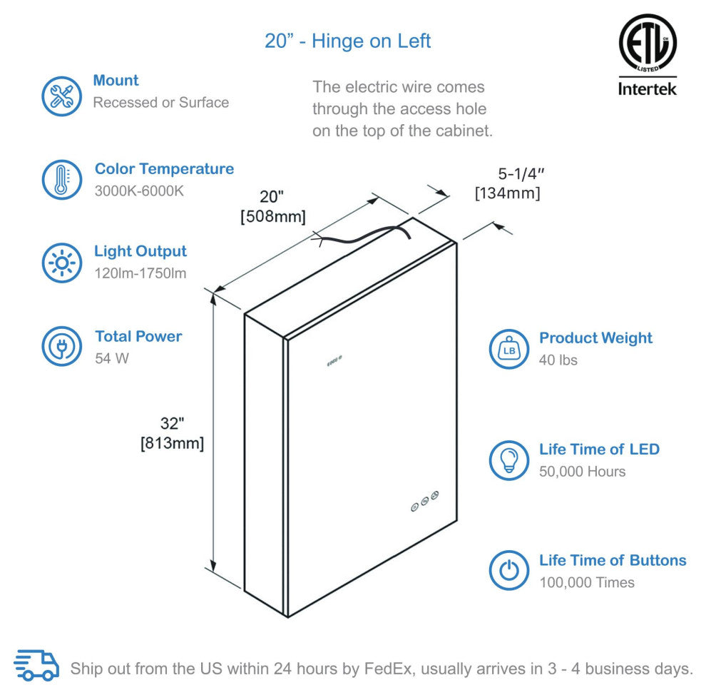 LED Mirror Medicine Cabinet With 3X, Defogger, Dimmer Outlets and USB, 20/L