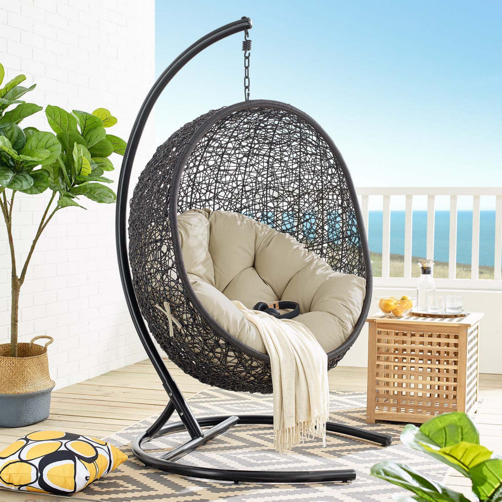 Swing Lounge Chair, Sunbrella, Black Beige, Modern, Outdoor Patio Balcony Garden