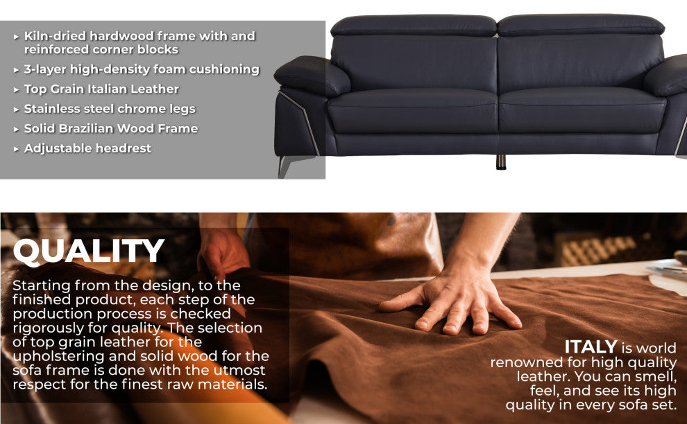 Lazio Contemporary Genuine Italian Leather Sofa Navy