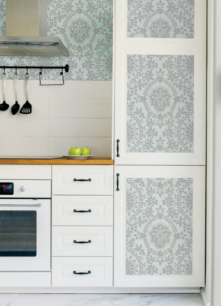 Blue & Silver Boho Baroque Damask Peel & Stick Wallpaper