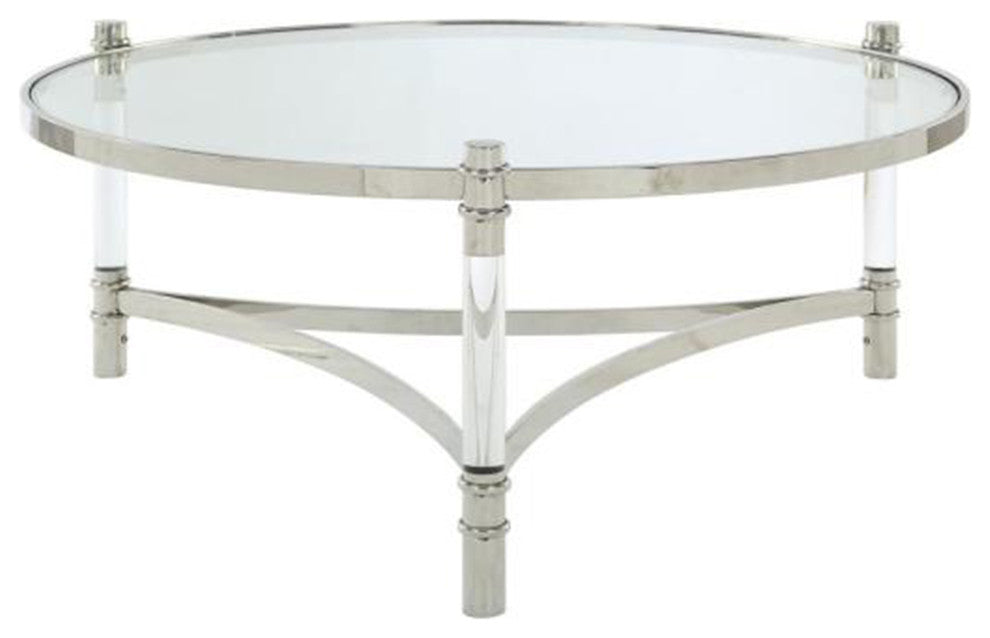 Acrylic and Stainless Steel Round Coffee Table with Glass Top, Silver and Clear