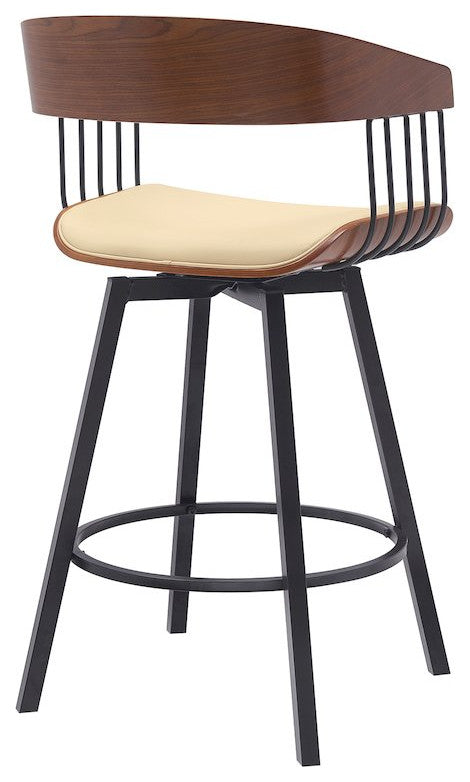 Athena Upholstered Wood Swivel Bar or Counter Stool with Black Metal
