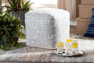 Geneva Ivory and Blue Handwoven Paisley Pouf Ottoman
