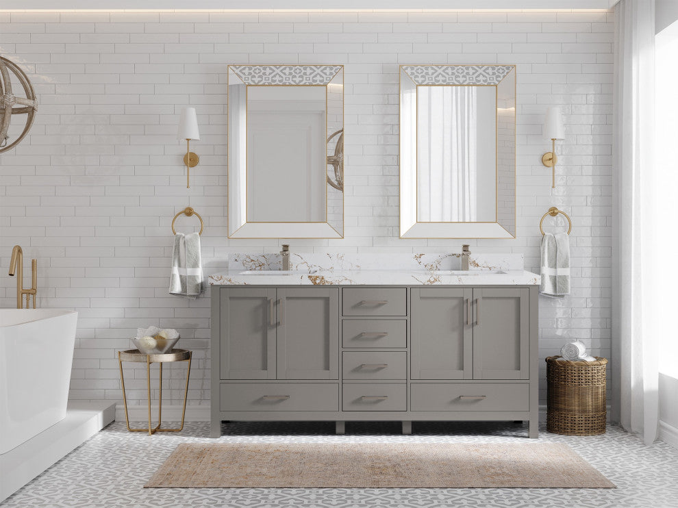 Malibu 72 Double Sink Bath Vanity in Elephant Skin Gray 2" Viola Gold