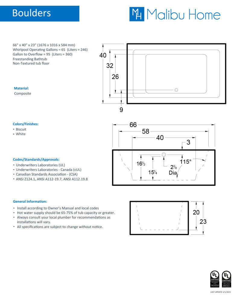 Malibu Boulders Rectangle Combo Whirlpool and Air Bathtub 66x40x23 Biscuit
