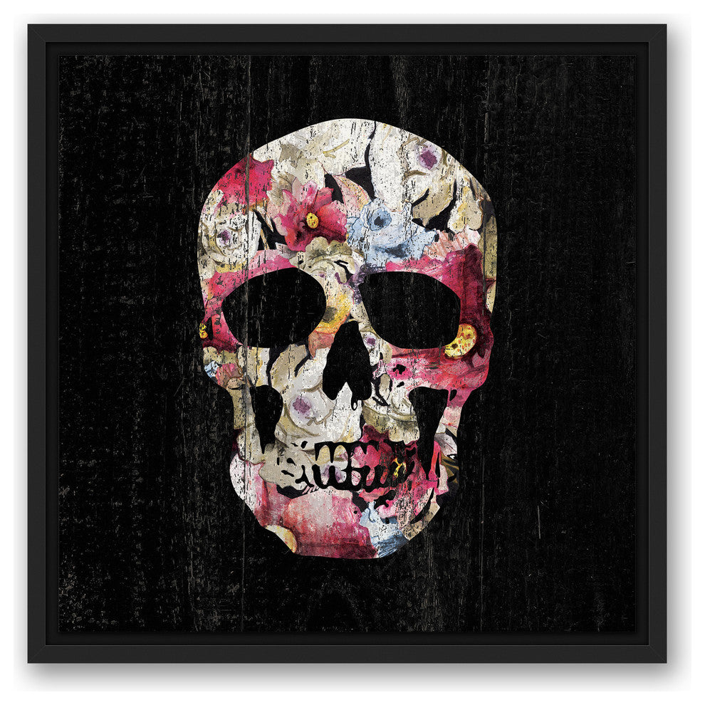 Floral Skull 16"x16" Black Floating Framed Canvas
