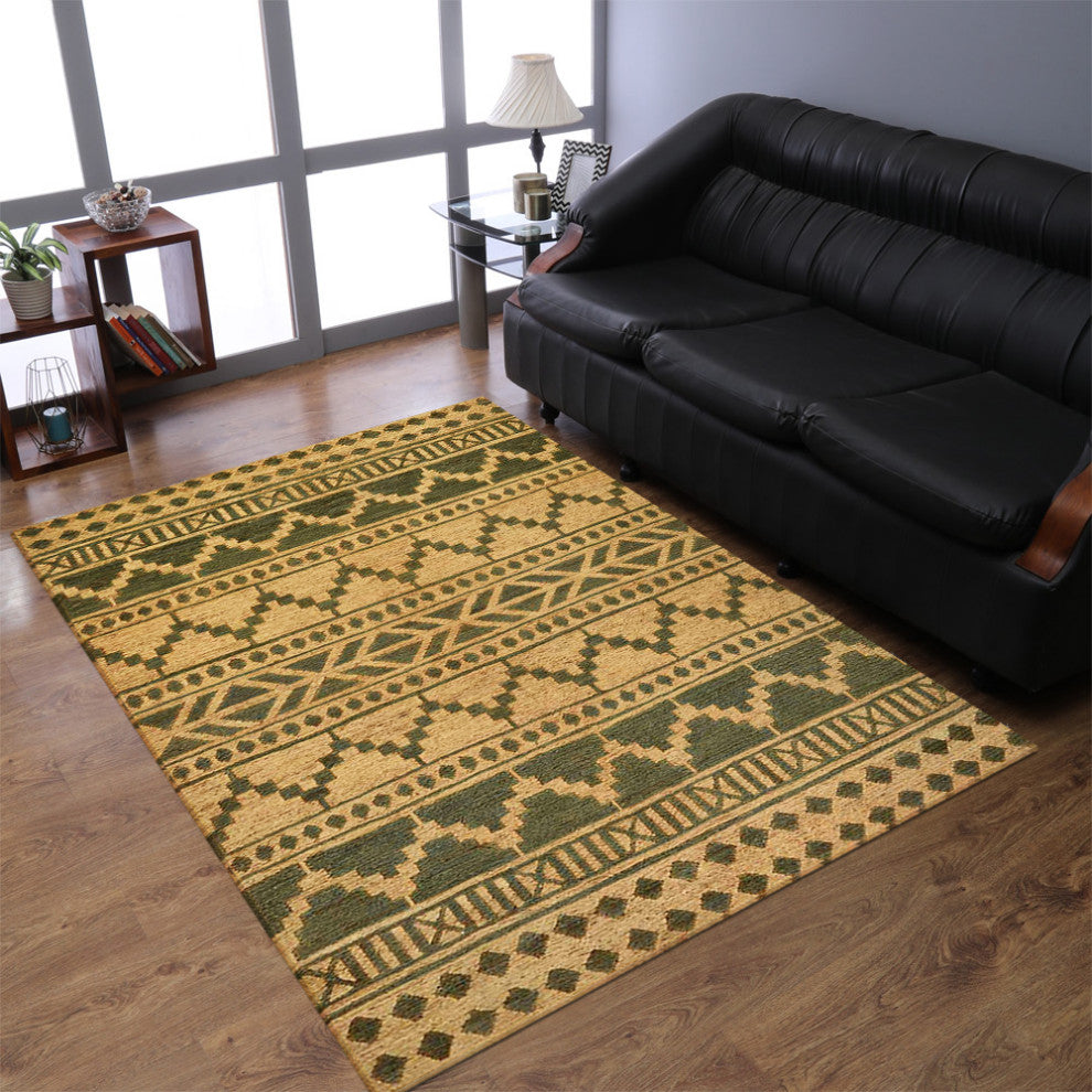 HAND KNOTTED SUMAK JUTE ECO-FRIENDLY SOLID AREA RUG,Green Beige,Oriental,Outdoor, [Rectangle] 4'x6'