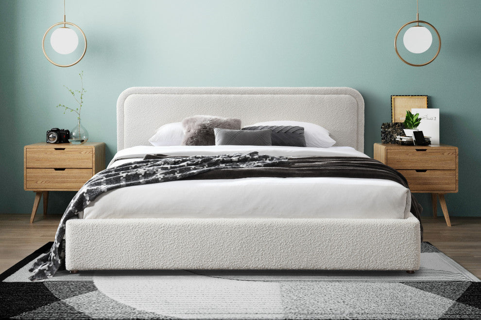 Omax Decor Chloe Modern Fabric Upholstered Platform Bed, White Boucle, King