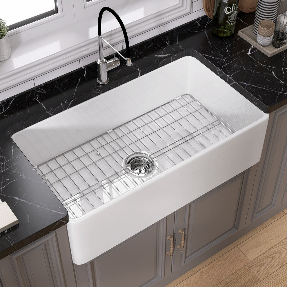 30"L x 20"W  White Single Bowl Fireclay Farmhouse Kitchen Sink With Accessories