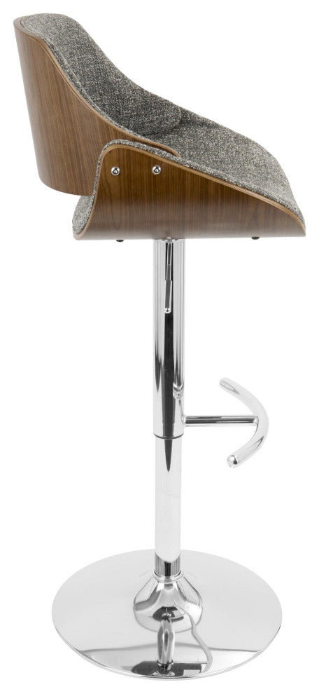 Fabrizzi Adjustable Barstool, Set of 2, Chrome, Walnut Wood, Gray Falseise