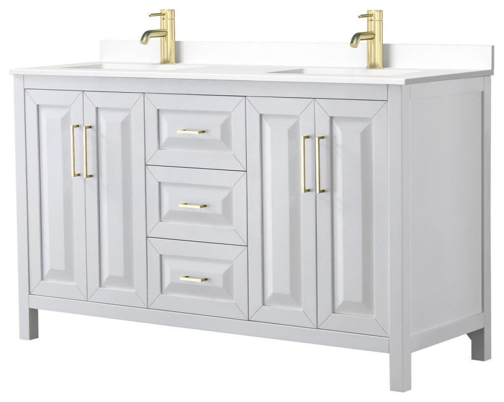 60"DBL Bath Vanity, White, White Cult. Marble Countertop, Sinks, Gold Trim