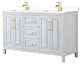 60"DBL Bath Vanity, White, White Cult. Marble Countertop, Sinks, Gold Trim