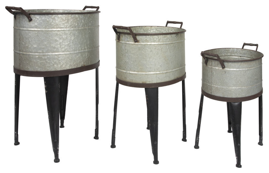 Silver Metal Buckets/Planters with Handles on Stand (Set of 3 Sizes)
