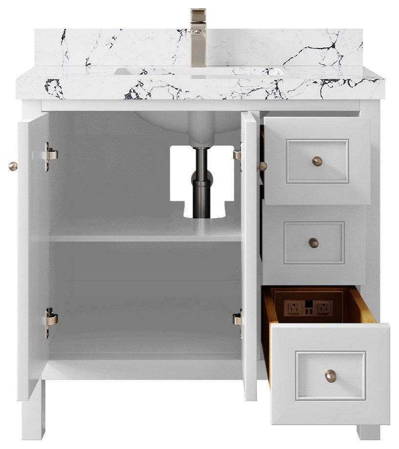 Nashville 36" Center Sink Bath Vanity, White 2" Viola Night