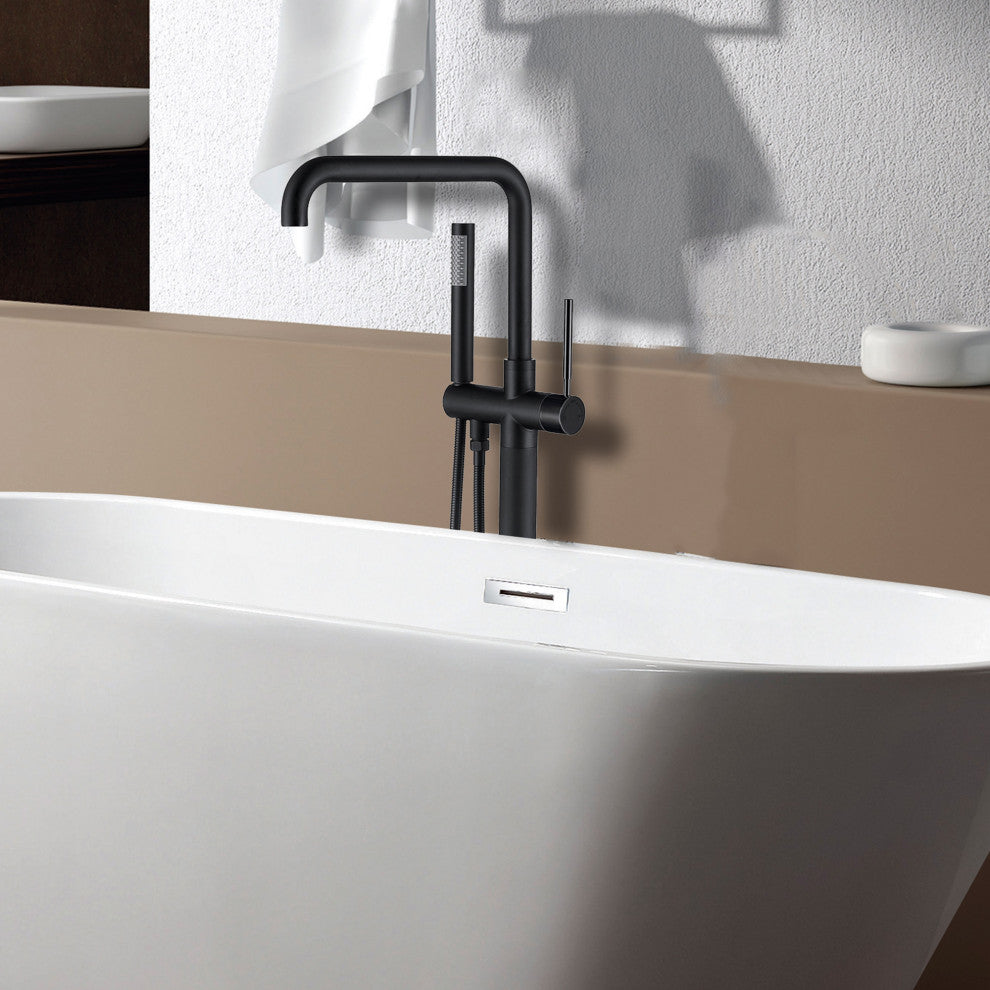 Floor Mounted Single Handle Bathtub Faucet, Handheld Shower, Matt Black