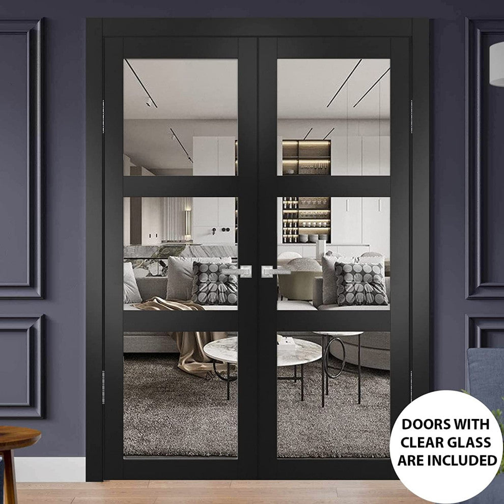 Interior Double Doors | Lucia 2555 Matte Black with Clear Glass 48x80 (2* 24x80)
