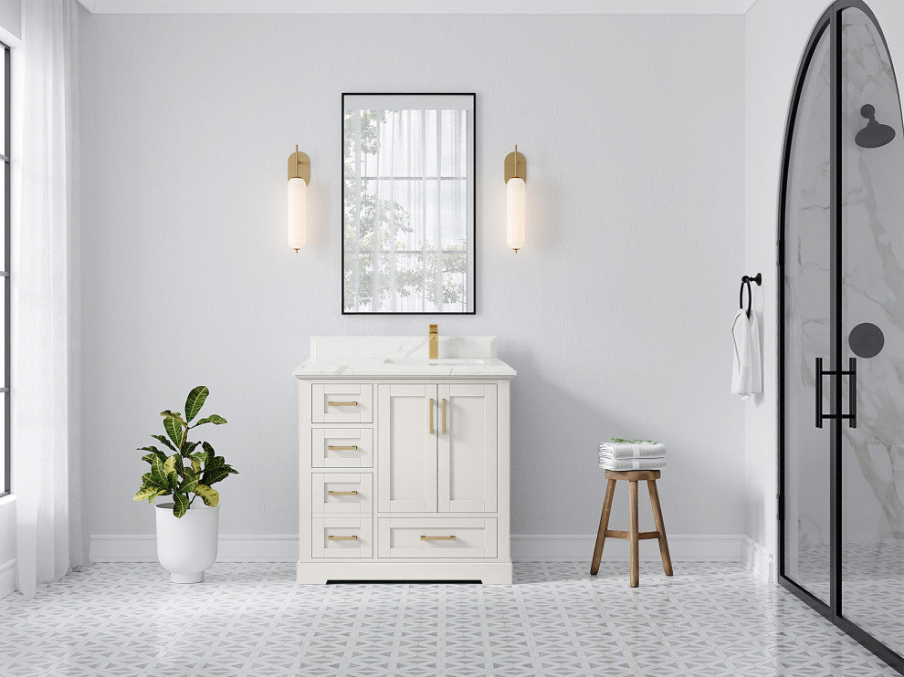 Boston 36" Right Offset Bath Vanity in Alabaster 1.5" Calacatta Laza